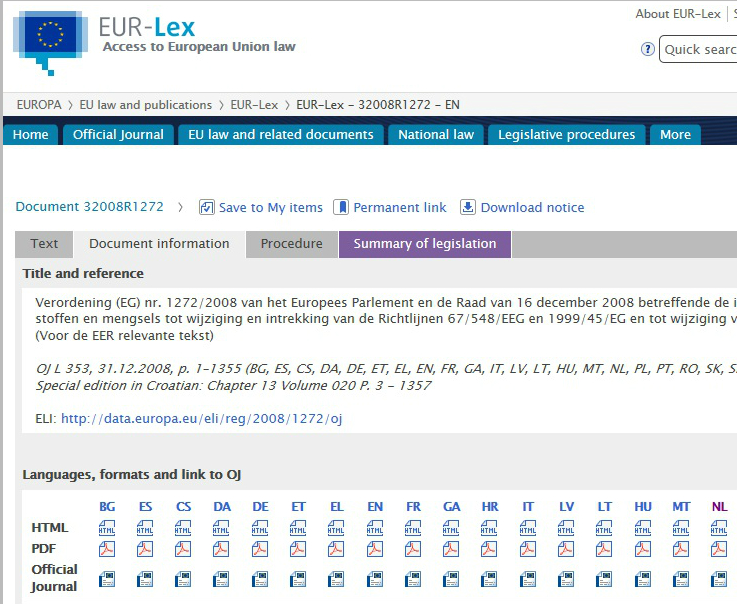 Voorbeeld REACH verordening op website EUR-LEX